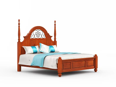 Solid Wood Double Bed With Carved Headboard Wrought Iron Accents Blue White Pillows And Blanket 3d model