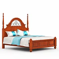 Solid Wood Double Bed With Carved Headboard Wrought Iron Accents Blue White Pillows And Blanket