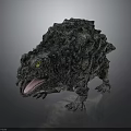 3D Rendered Mythical Reptile With Rock Covered Skin Open Mouth And Yellow Eyes