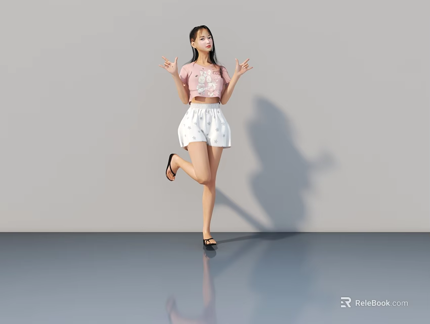 Woman In Pink Top White Shorts Standing On One Leg With Open Hands Gray Background 3d model 