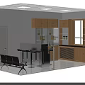 Modern Reception Desk Area With Wooden Cabinets And Waiting Chairs