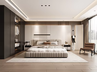 Modern Bedroom Interior Design With Comfortable Bed Wardrobe Accent Chair And Wooden Floor 3d model