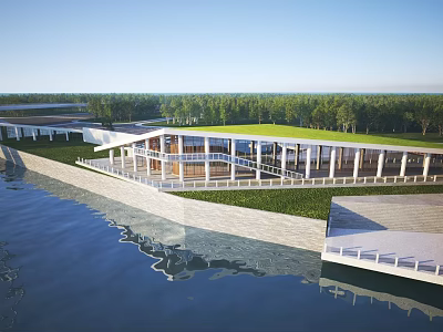 Aerial Planning of Modern Waterfront Building with Green Roof Trees and Terrace 3d model