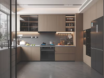 Modern Kitchen Interior With Wooden Cabinets Island Counter Open Shelves And Appliances 3d model