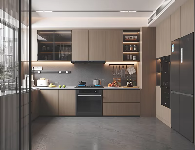 Modern Kitchen Interior With Wooden Cabinets Island Counter Open Shelves And Appliances 3d model