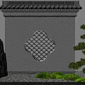 Traditional Chinese Garden Wall With White Surface Gray Lattice Window And Rock Green Shrubs Pine
