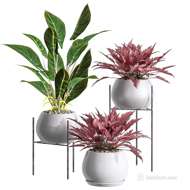 Indoor Multi tiered Metal Plant Stand With White Pots And Green Pink Plants 3d model 