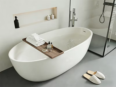 Freestanding White Bathtub with Wooden Tray Holding Towels and Toiletries in Modern Bathroom with Slippers 3d model