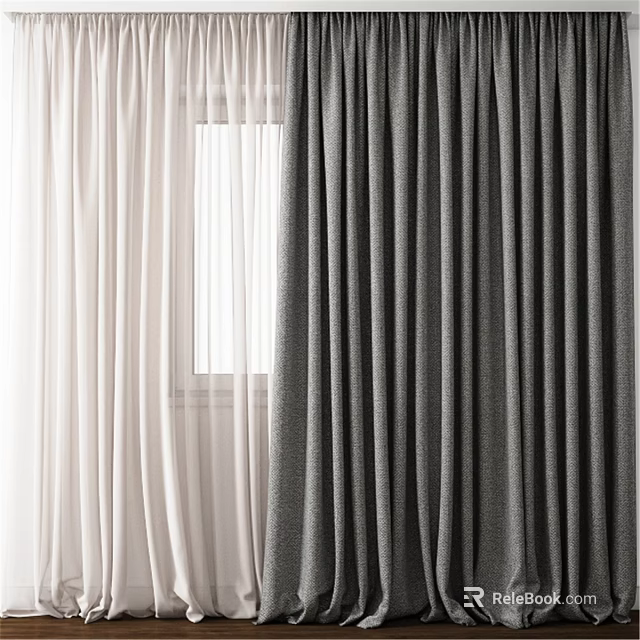 White Sheer And Gray Thick Curtains For Window Home Interior Decoration 3d model 