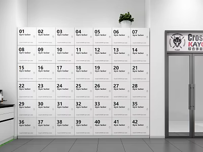 Organized Numbered Locker Shelves In Indoor Space With Cross Kay Signage 3d model
