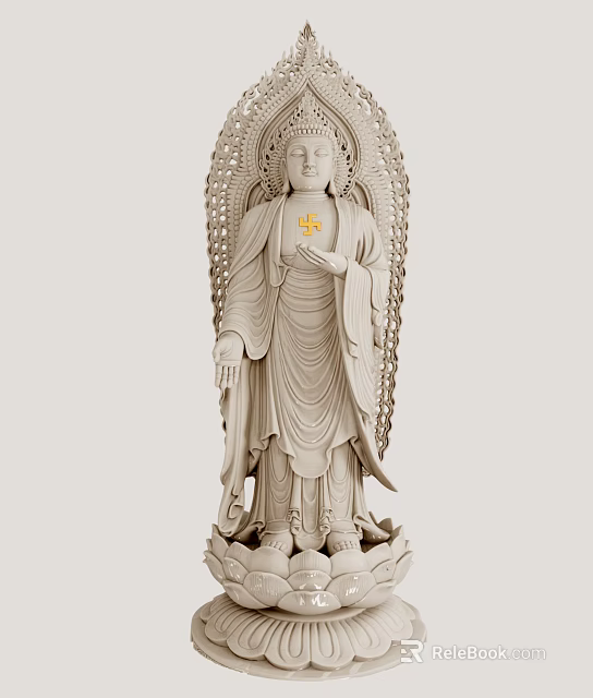 Detailed Stone Buddha Statue Carving With Lotus Base Flowing Robes And Golden Symbol 3d model 