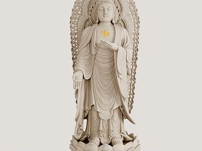 Detailed Stone Buddha Statue Carving With Lotus Base Flowing Robes And Golden Symbol 3d model