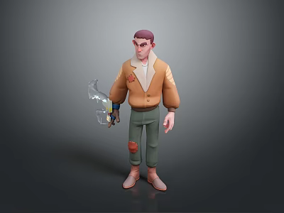 Man With Mechanical Arm Holding Glowing Device Wearing Brown Jacket And Green Pants Patch Standing 3d model