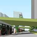 Vibrant Commercial Street With Modern Buildings Pedestrians Shops And Green Trees