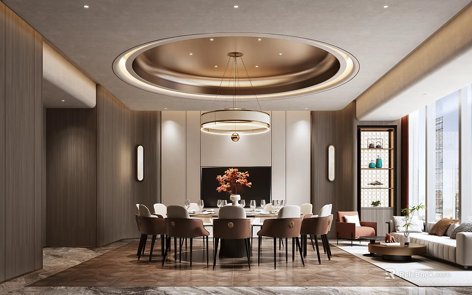 Elegant Modern Private Dining Room Interior Design With Round Table Chandelier And Decorative Flowers 3d model 