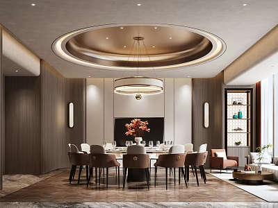 Elegant Modern Private Dining Room Interior Design With Round Table Chandelier And Decorative Flowers 3d model
