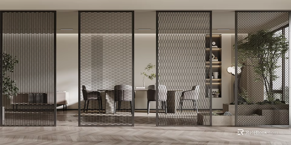 Modern Wavy Metal Room Divider Separating Living Dining Area With Wooden Floor Furniture And Plants 3d model 