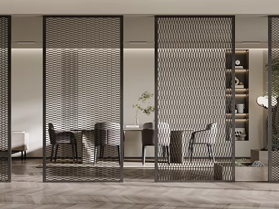 Modern Wavy Metal Room Divider Separating Living Dining Area With Wooden Floor Furniture And Plants 3d model