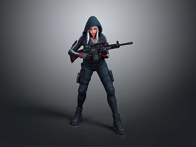 Woman In Hooded Tactical Outfit Holding Rifle Standing Against Gray Background 3d model