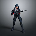 Woman In Hooded Tactical Outfit Holding Rifle Standing Against Gray Background