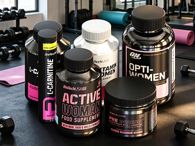 Active Women Food Supplements With Vitamins Protein Powder And Fitness Equipment 3d model