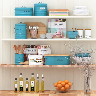 Organized Kitchen Shelves With Blue Canisters Cookware Tea Coffee Jars And Fresh Oranges 3d model
