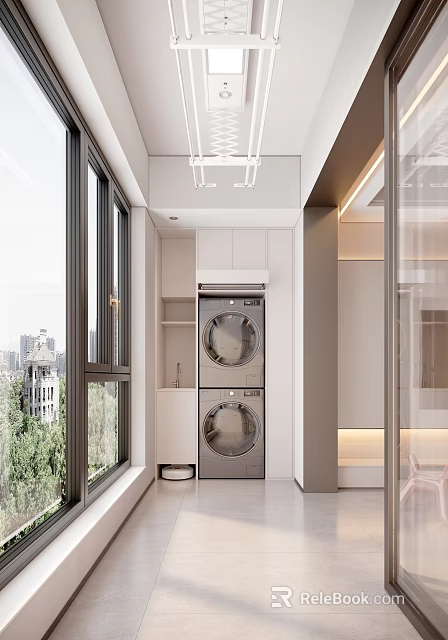 Home Balcony With Stacked Washing Machines Large Windows City View Green Trees And White Cabinets 3d model 