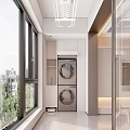 Home Balcony With Stacked Washing Machines Large Windows City View Green Trees And White Cabinets