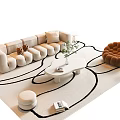 Modern White Sofa and Coffee Table Set with Brown Tufted Chair Green Plant and Rug