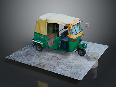 Detailed Green and Yellow Tuk Tuk with Canopy on Gray Display Platform 3d model