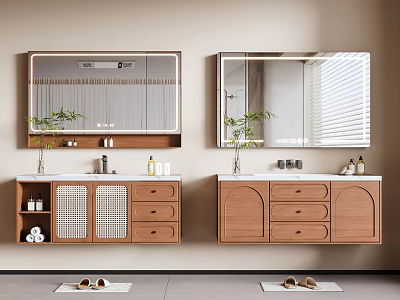 Modern Wooden Bathroom Vanity With Double Cabinets Mirror Drawers And Plant 3d model
