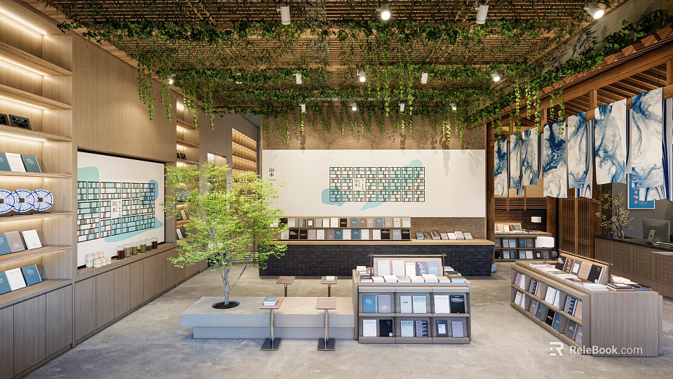Book Art Space With Greenery Ceiling Wooden Bookshelves And Decorative Artworks 3d model 