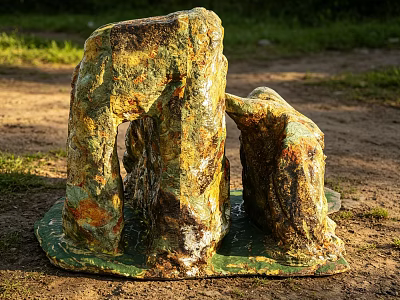 Sunlit Natural Stone And Wood Sculpture Placed On Grass In Outdoor Scene 3d model