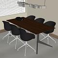 Wooden Conference Table with Six Gray Chairs and Black Projector in Modern Meeting Room Setup
