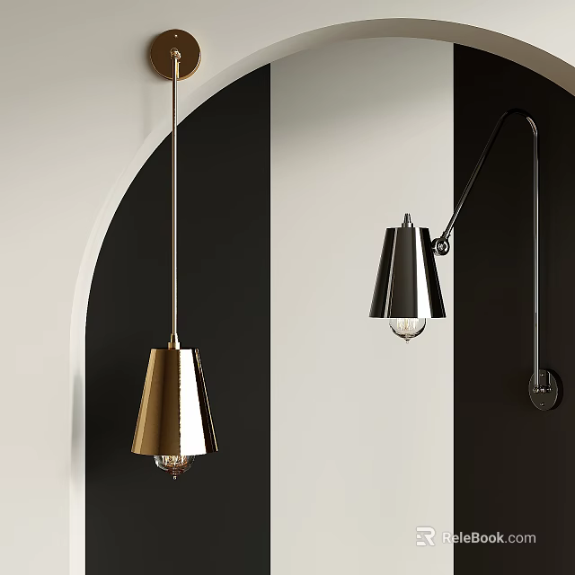 Sleek Modern Chandelier With Gold And Black Metal Cone Shades In Contemporary Interior 3d model 