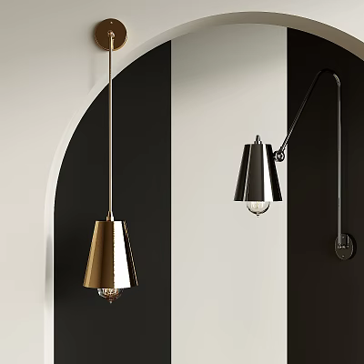 Sleek Modern Chandelier With Gold And Black Metal Cone Shades In Contemporary Interior 3d model