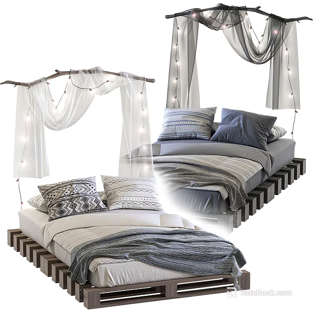 Cozy Double Bed With Wooden Frame Decorative Pillows Canopy And String Lights 3d model 