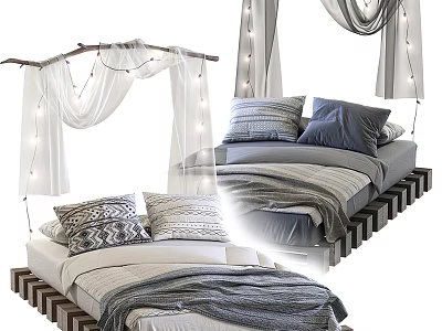 Cozy Double Bed With Wooden Frame Decorative Pillows Canopy And String Lights 3d model