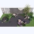 Charming Garden Landscape with Colorful Flowers Green Grass Decorative Stones Small Tree and Stone Wall