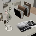 Modern Decorative Ornaments Set with Wooden File Holder Glass Vase Flowers and Magazine on Table