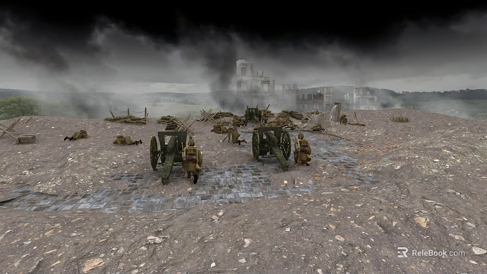 Cartoon Battlefield Scene with Ruined Castle Smoke Soldiers and Old Cannons 3d model 