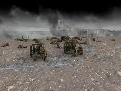 Cartoon Battlefield Scene with Ruined Castle Smoke Soldiers and Old Cannons 3d model