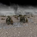 Cartoon Battlefield Scene with Ruined Castle Smoke Soldiers and Old Cannons