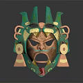 Traditional Ornate Green And Gold Decorative Mask With Intricate Carvings And Tassels