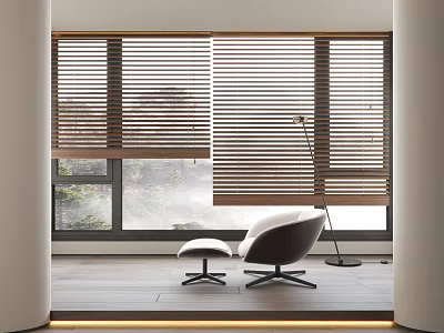 Modern Room Interior With Large Windows Covered By Wooden Blinds And Comfortable Chair Ottoman 3d model