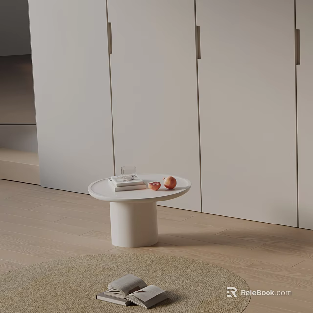 White Round Side Table with Cylindrical Base Books Fruits in Modern Interior with Light Floor 3d model 
