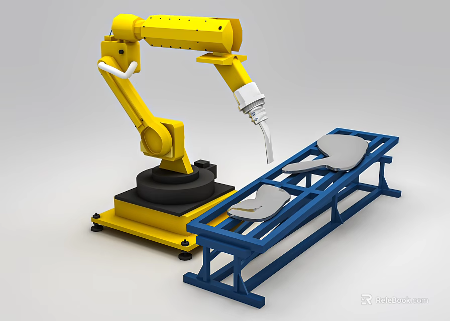 Intelligent Robot Arm Operating On Blue Workbench With Metal Components 3d model 