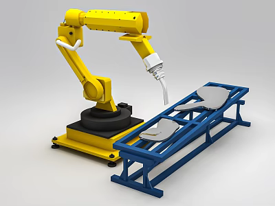 Intelligent Robot Arm Operating On Blue Workbench With Metal Components 3d model
