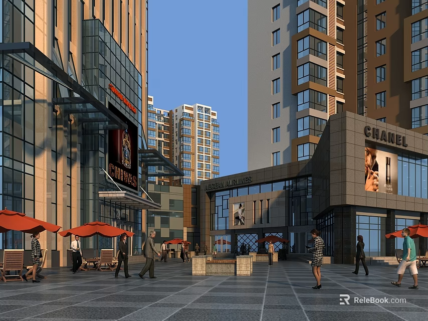 Vibrant Commercial Street With Modern High Rise Buildings People Walking Outdoor Seating And Red Umbrellas 3d model 