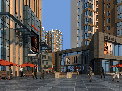 Vibrant Commercial Street With Modern High Rise Buildings People Walking Outdoor Seating And Red Umbrellas 3d model